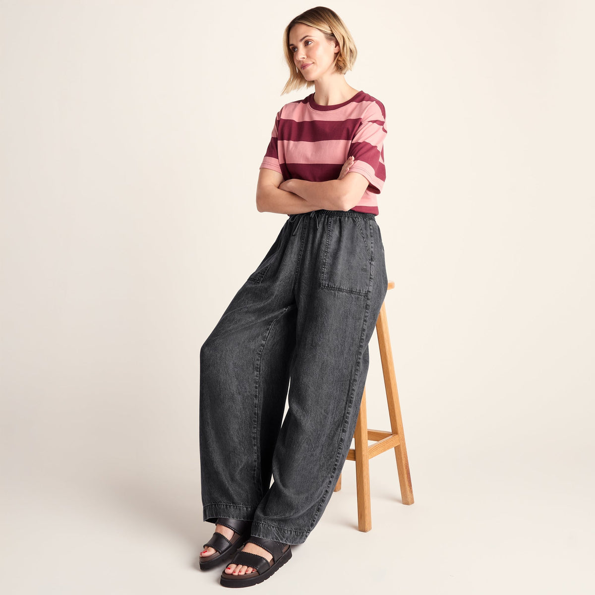 Lucy Womens Wide Leg Denim Look Trousers - Washed Black