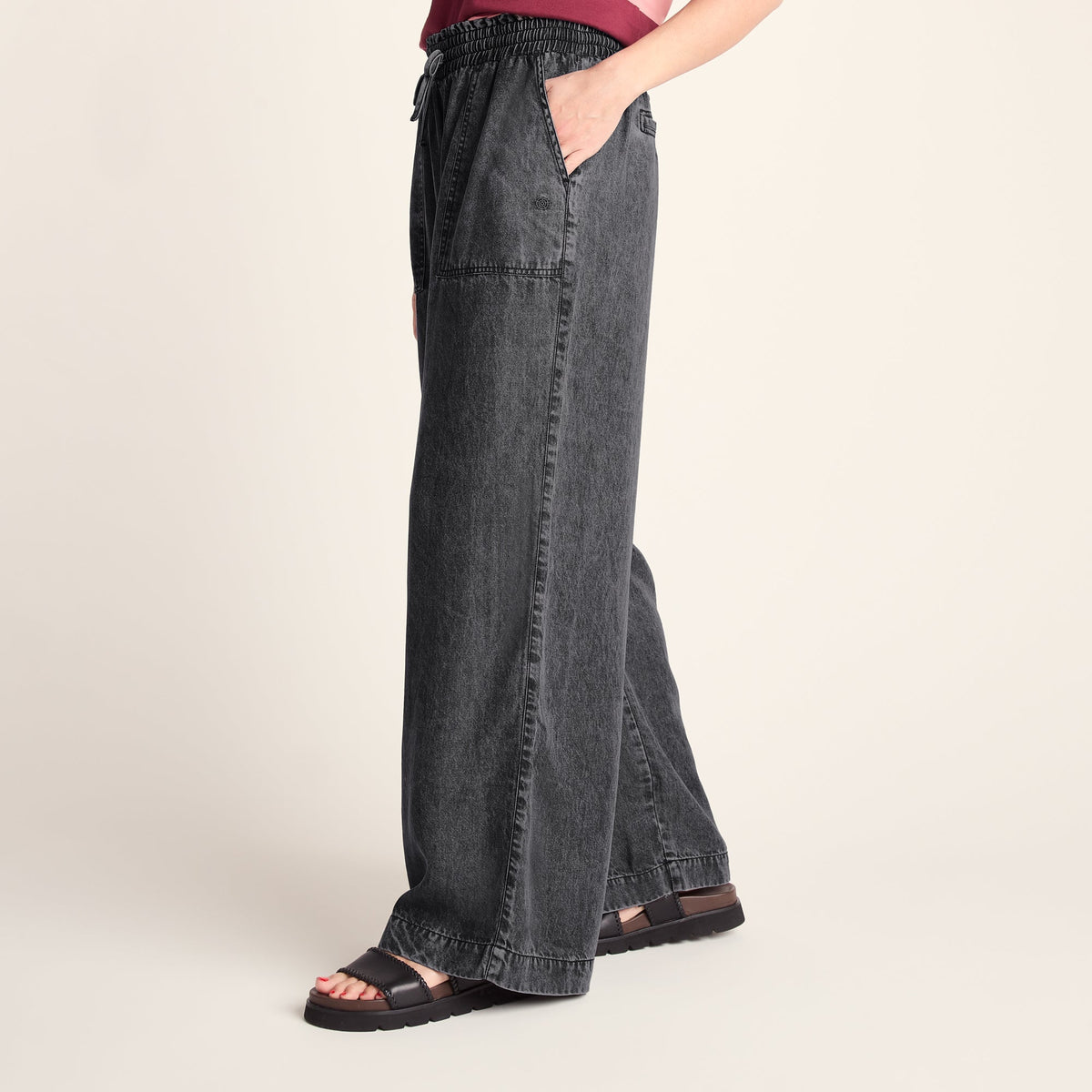 Lucy Womens Wide Leg Denim Look Trousers - Washed Black