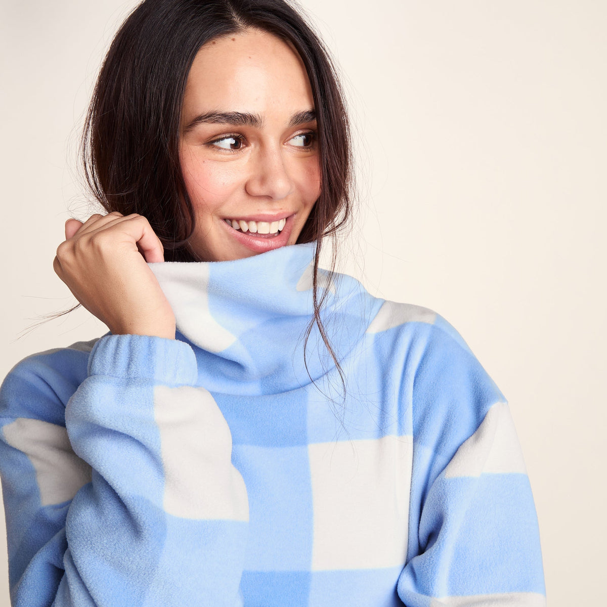 March Womens Relaxed Fit Microfleece Pullover - Powder Blue Gingham