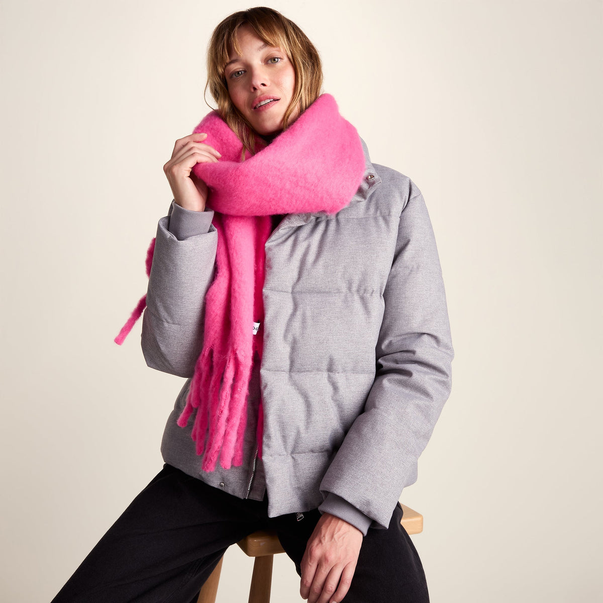 Marlene Heavyweight Brushed Colour Block Blanket Scarf - Rich Pink