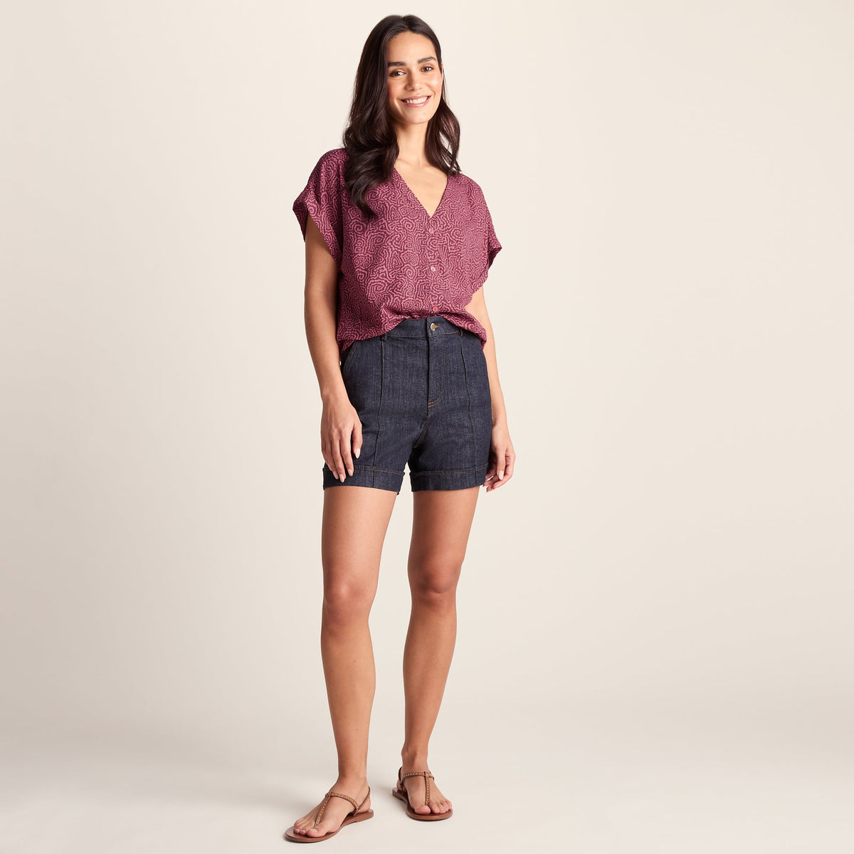 Meredith Womens Short Sleeve Supersoft Blouse - Black Raspberry Wiggle Print