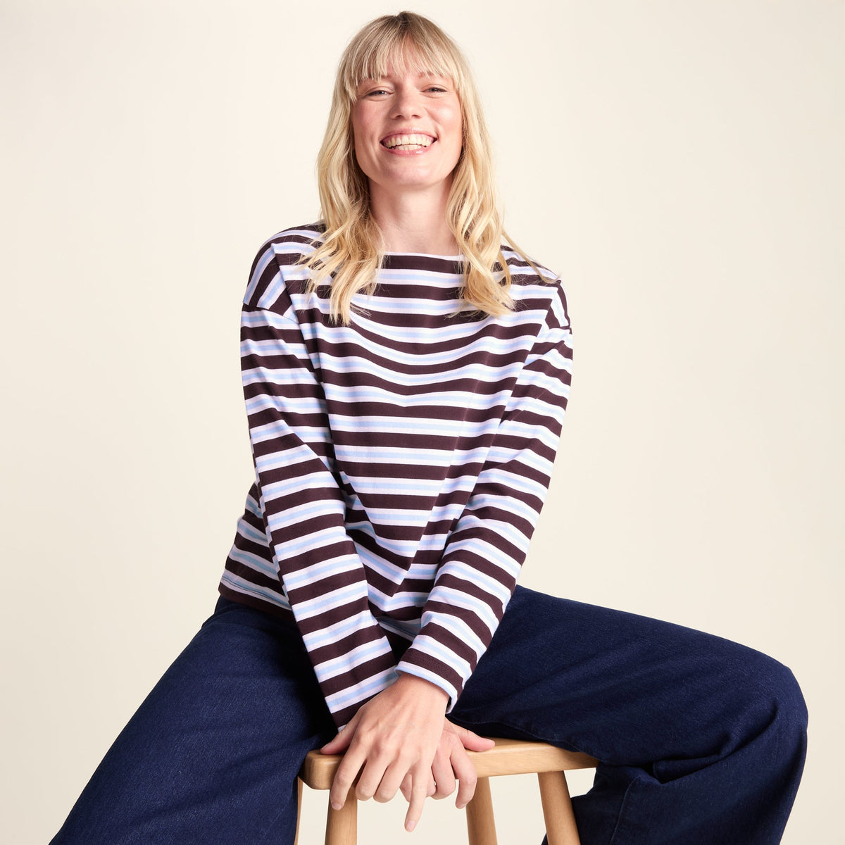 Misty Womens Supersoft Cotton Striped Boat Neck T-Shirt - Huckleberry Stripe