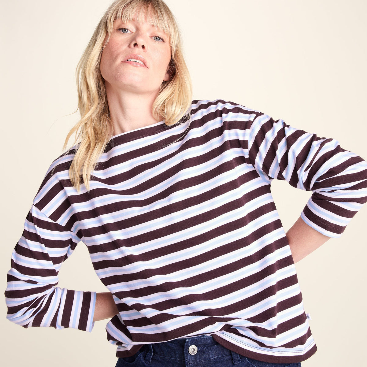 Misty Womens Supersoft Cotton Striped Boat Neck T-Shirt - Huckleberry Stripe