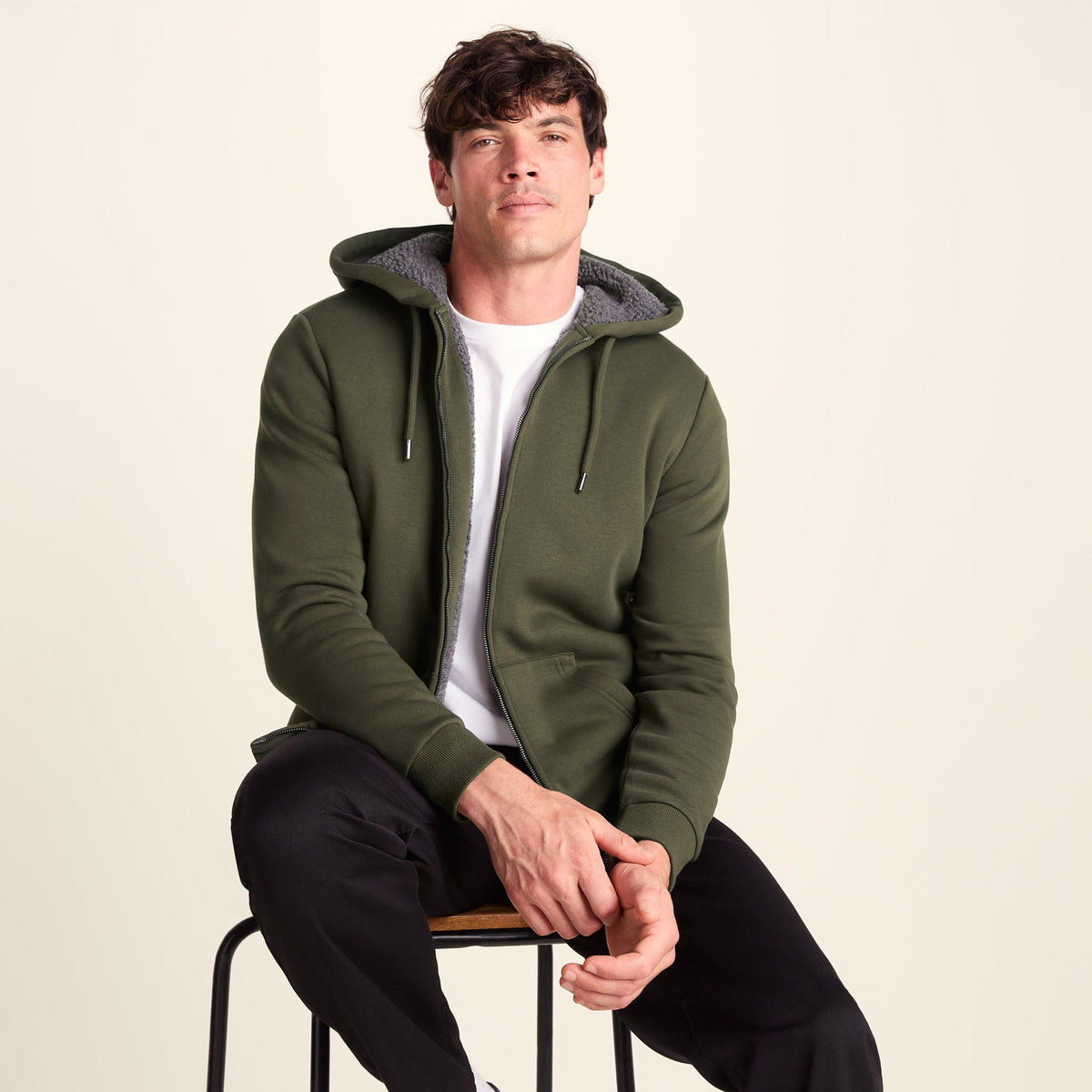 Ramsey Mens Supersoft Sherpa Lined Zip Hoodie - Khaki