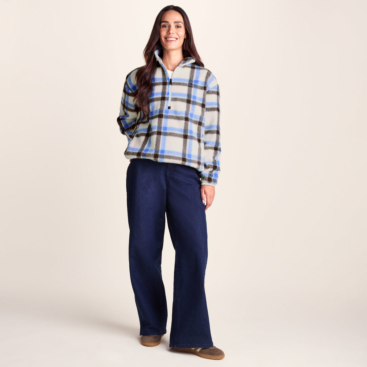 Sara Womens Relaxed Fit Sherpa Fleece Zip Neck - Cobalt & Brown Check
