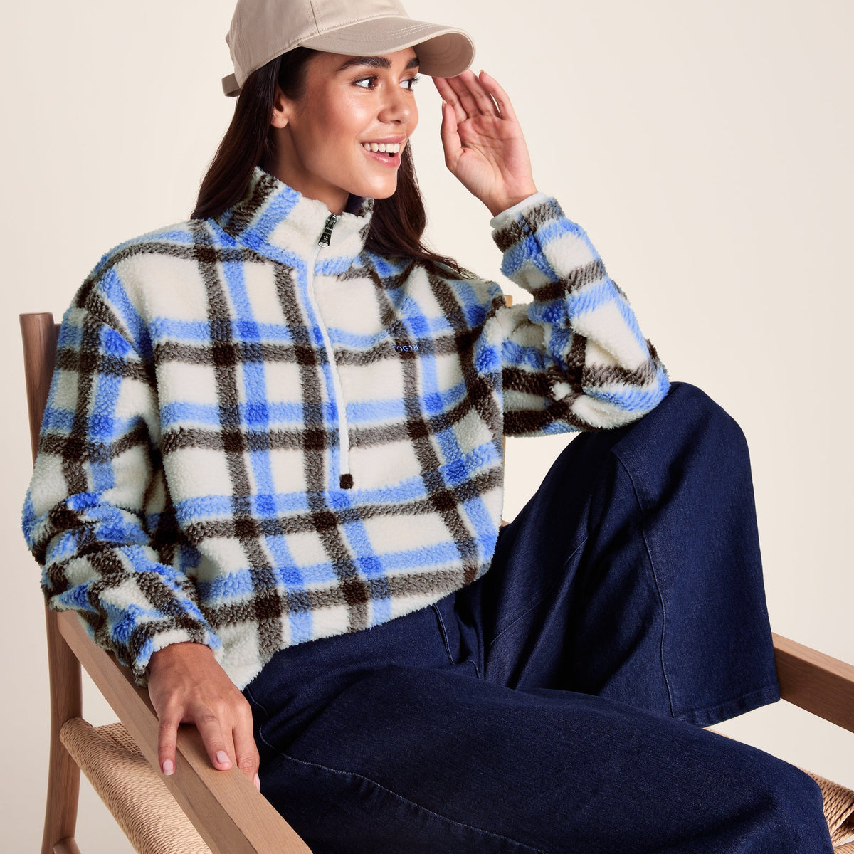 Sara Womens Relaxed Fit Sherpa Fleece Zip Neck - Cobalt & Brown Check