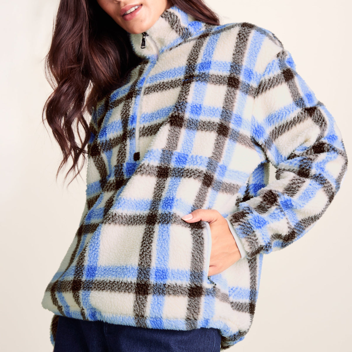 Sara Womens Relaxed Fit Sherpa Fleece Zip Neck - Cobalt & Brown Check