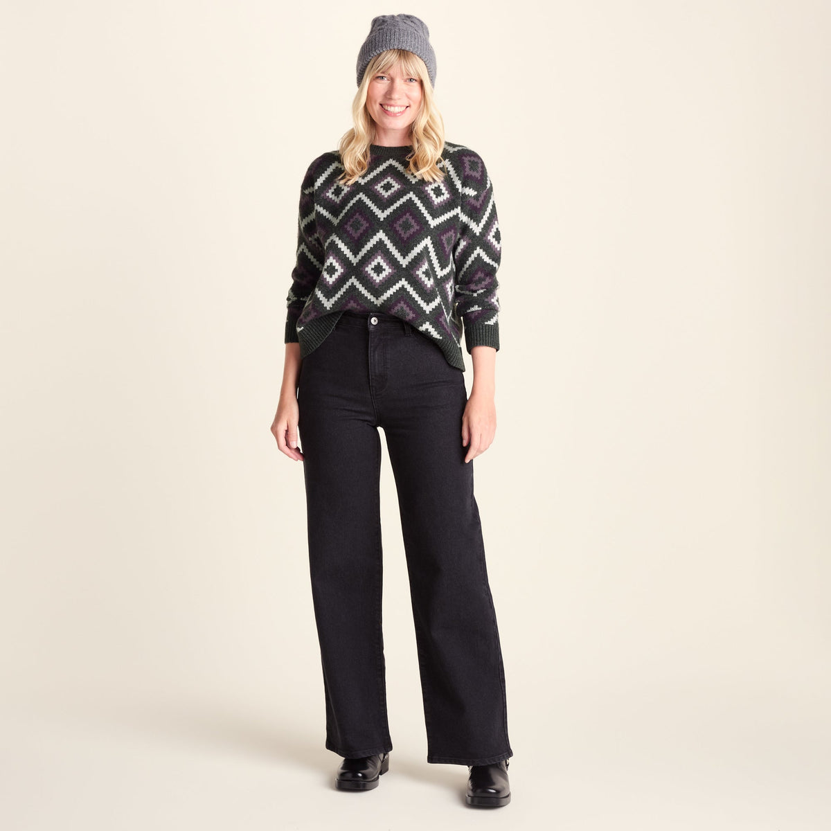 Solana Womens Chunky Fairisle Inspired Knit Jumper - Dark Grey Melange