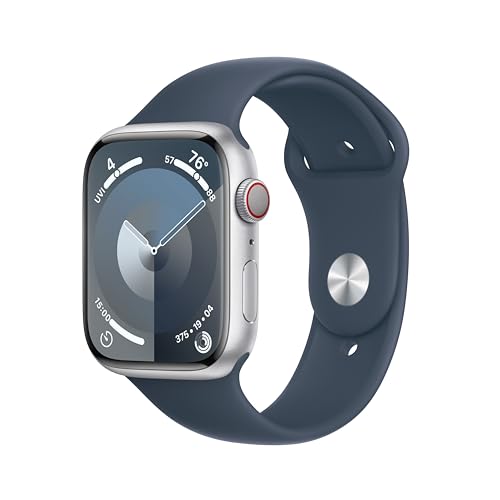 Apple Watch Series 9 (GPS + Cellular) 45mm Silver Stainless Steel Case with Storm Blue Sport Band - M/L - MRMP3LL/A