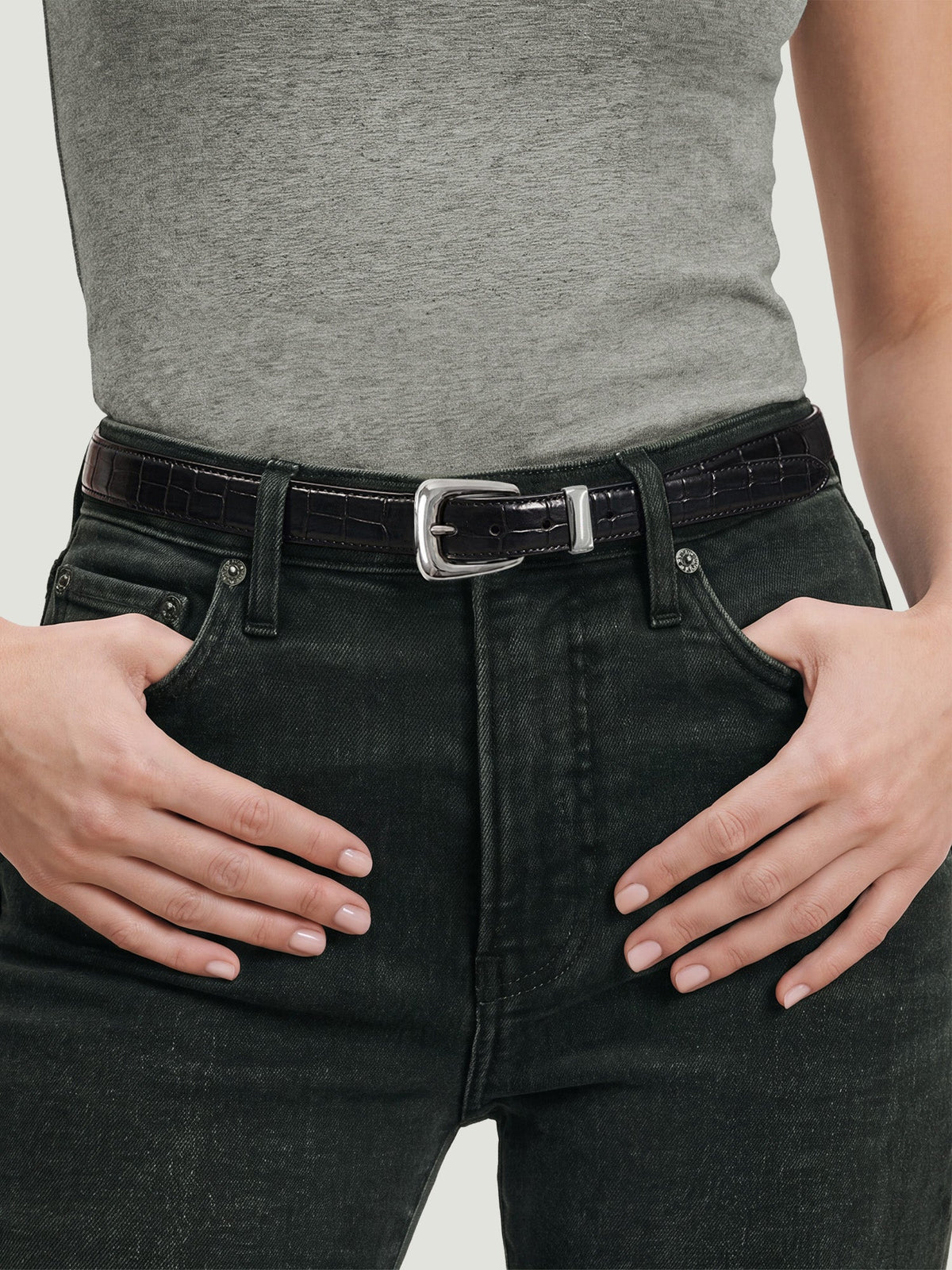 Slim Croc-Embossed Arch Belt