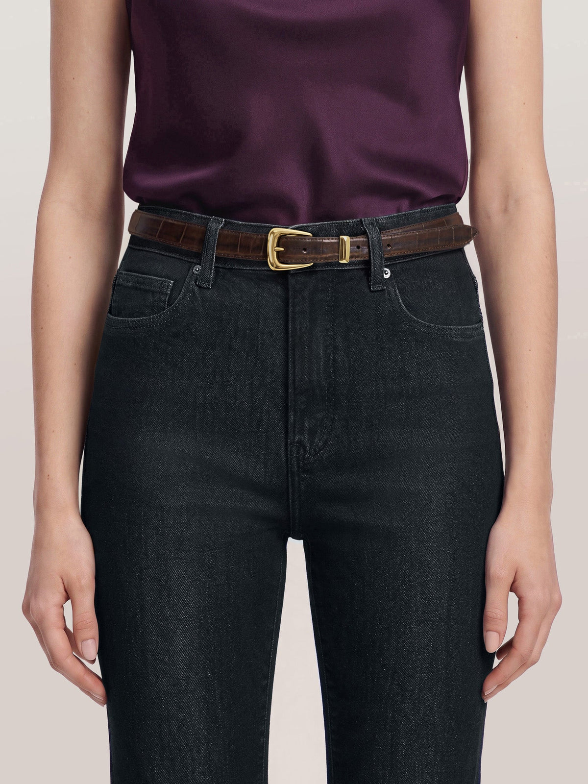Slim Croc-Embossed Arch Belt