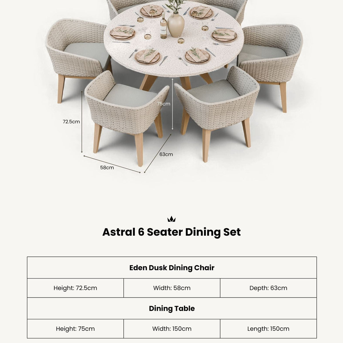 Astral 6 Seater Round Terrazzo Concrete Dining Set with Eden Dusk Dining Chairs