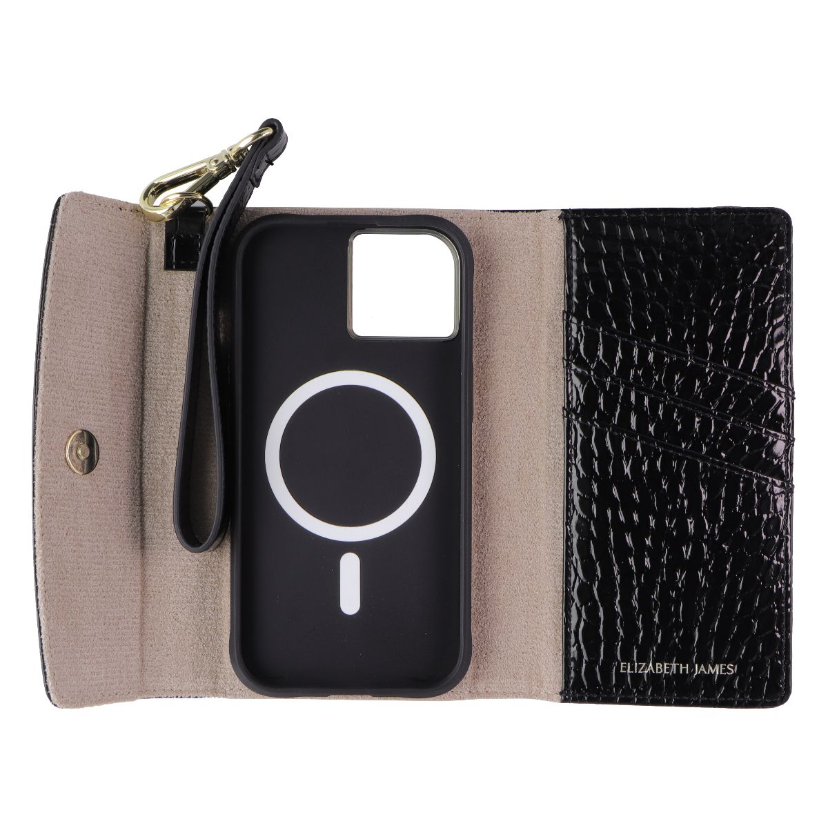 Elizabeth James Wristlet Folio for MagSafe for iPhone 15/14/13 - Black Croc - New