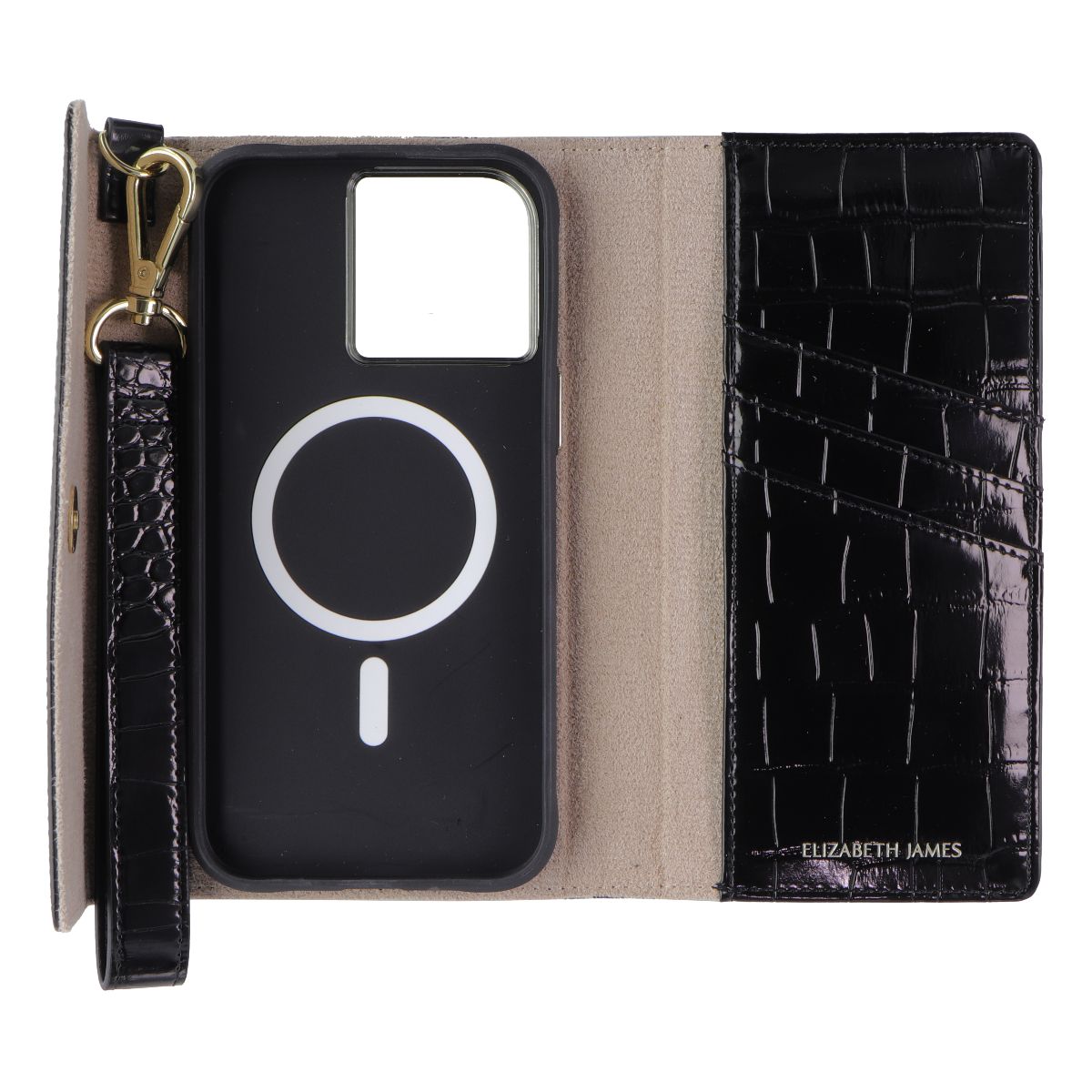 Elizabeth James Wristlet Folio for MagSafe for iPhone 15 Pro Max - Black Croc - New