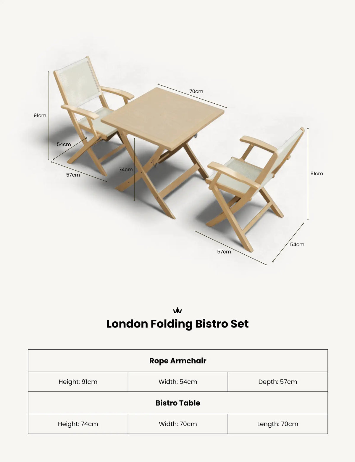 London 2 Seater Square Folding Bistro Set with London Rope Folding Armchairs