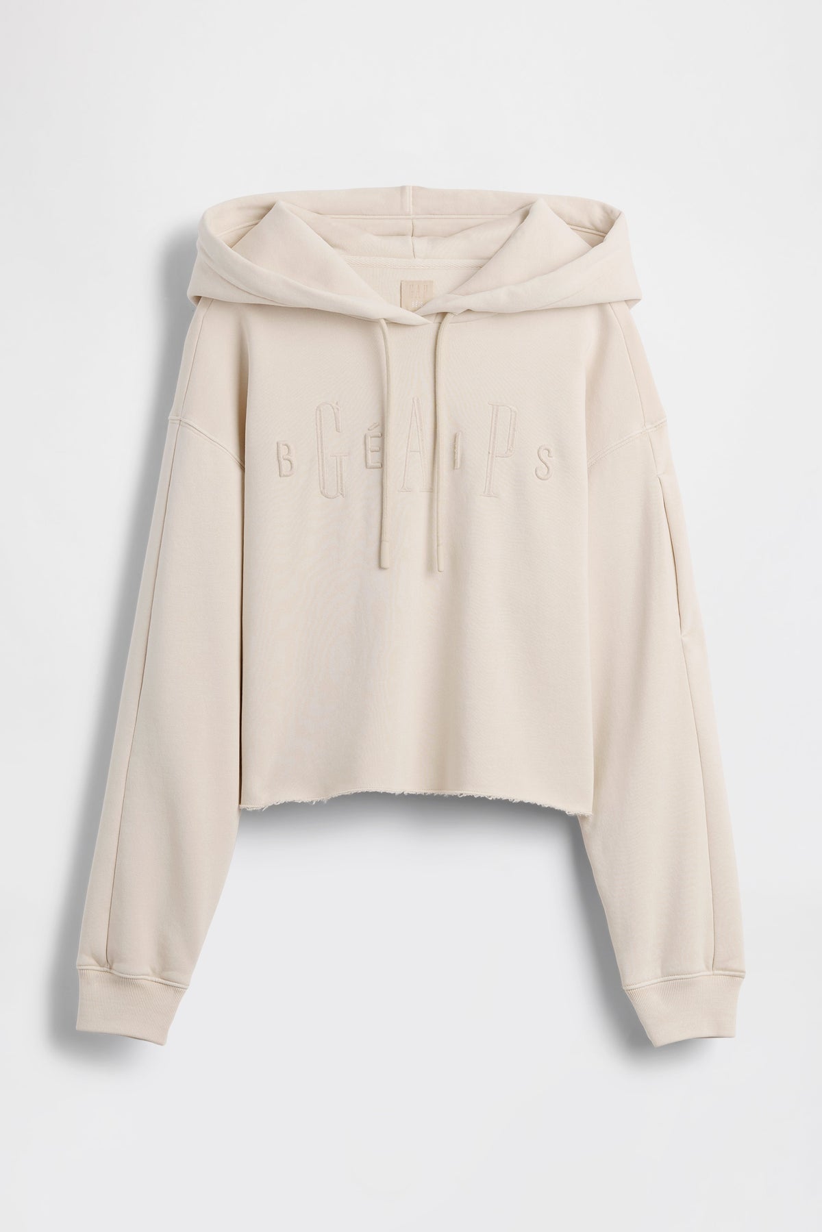 GAP X BEIS Cropped Logo Hoodie Raw Hem in Light Tundra