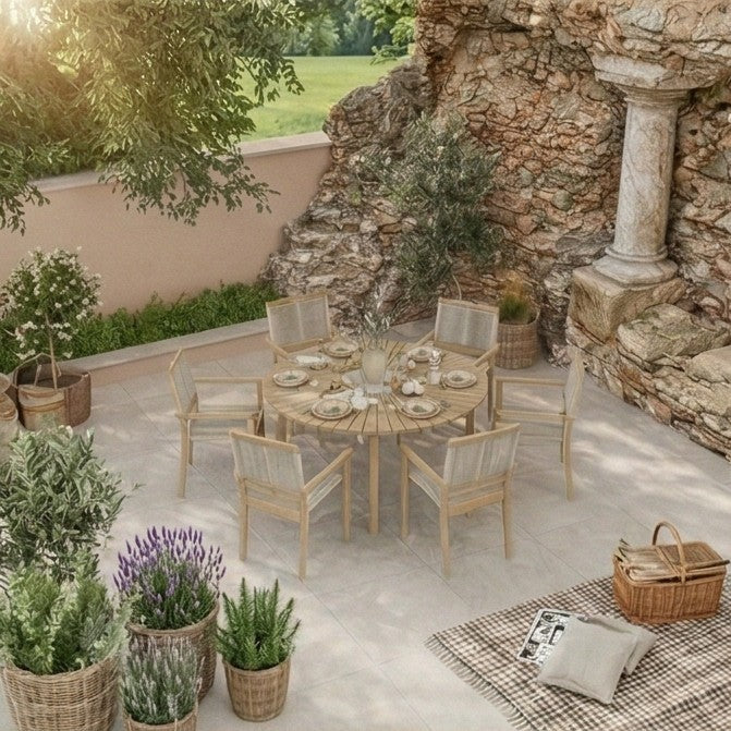 Roma 6 Seater Round Sunray with Terrazzo Insert Dining Set with 6 Roma Rope Stacking Chairs