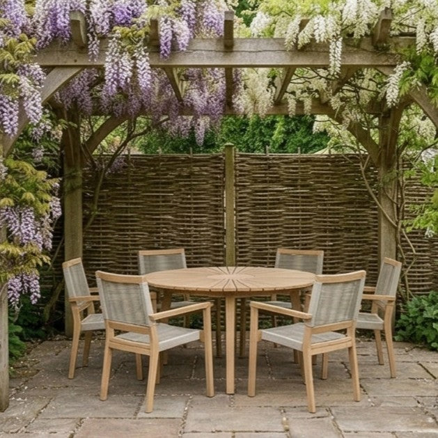 Roma 6 Seater Round Sunray with Terrazzo Insert Dining Set with 6 Roma Rope Stacking Chairs