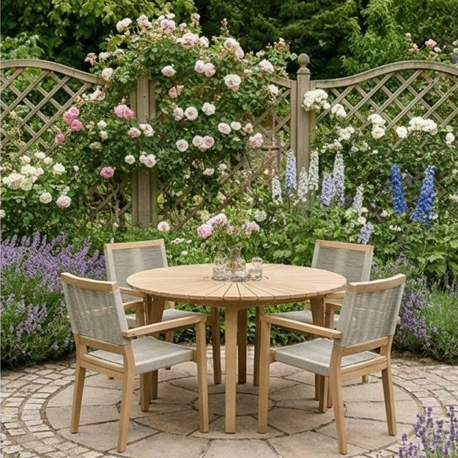 Roma 6 Seater Round Sunray with Terrazzo Insert Dining Set with 6 Roma Rope Stacking Chairs