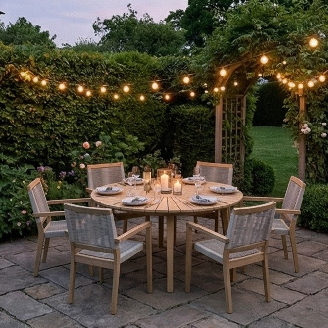 Roma 6 Seater Round Sunray with Terrazzo Insert Dining Set with 6 Roma Rope Stacking Chairs