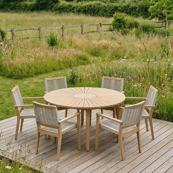 Roma 6 Seater Round Sunray with Terrazzo Insert Dining Set with 6 Roma Rope Stacking Chairs