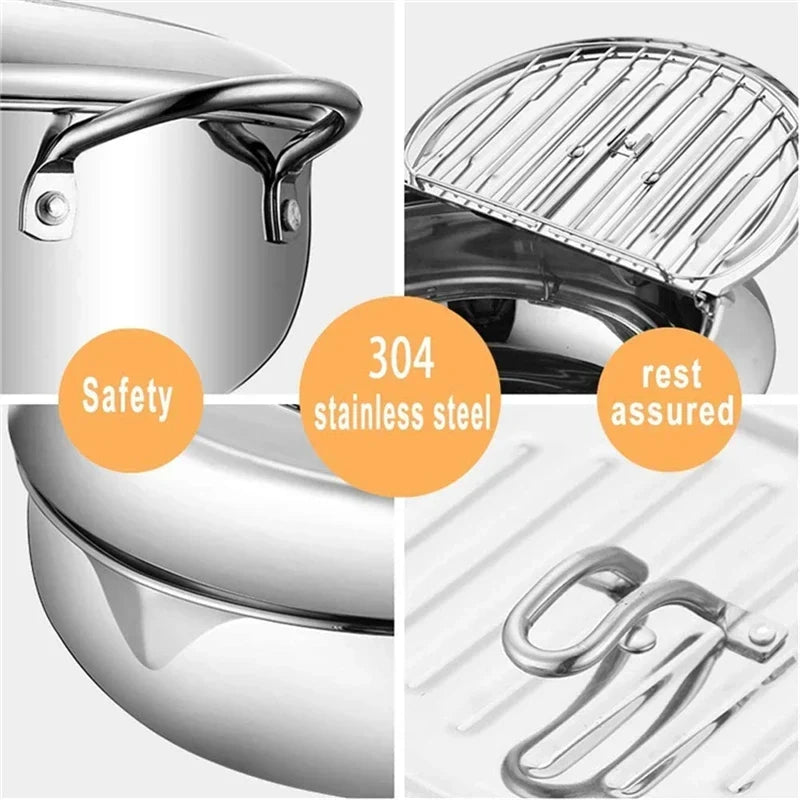 Japanese Deep Frying Pot with a Thermometer and a Lid 304 Stainless Steel Kitchen Tempura Fryer Pan 20/24cm Induction Heating Pa