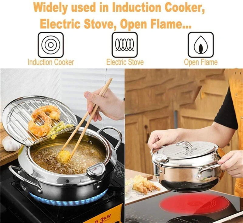 Japanese Deep Frying Pot with a Thermometer and a Lid 304 Stainless Steel Kitchen Tempura Fryer Pan 20/24cm Induction Heating Pa