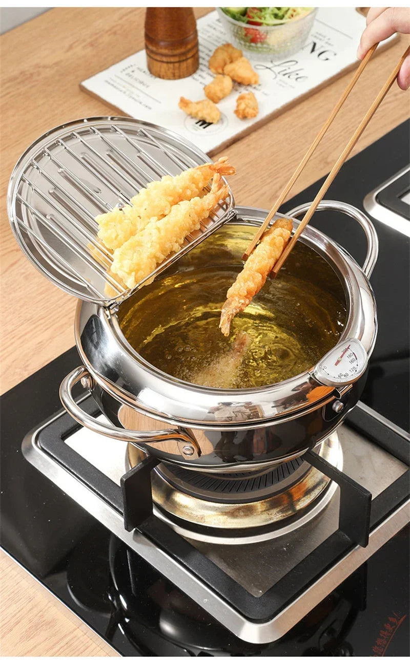 Japanese Deep Frying Pot with a Thermometer and a Lid 304 Stainless Steel Kitchen Tempura Fryer Pan 20/24cm Induction Heating Pa