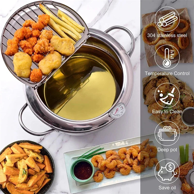Japanese Deep Frying Pot with a Thermometer and a Lid 304 Stainless Steel Kitchen Tempura Fryer Pan 20/24cm Induction Heating Pa