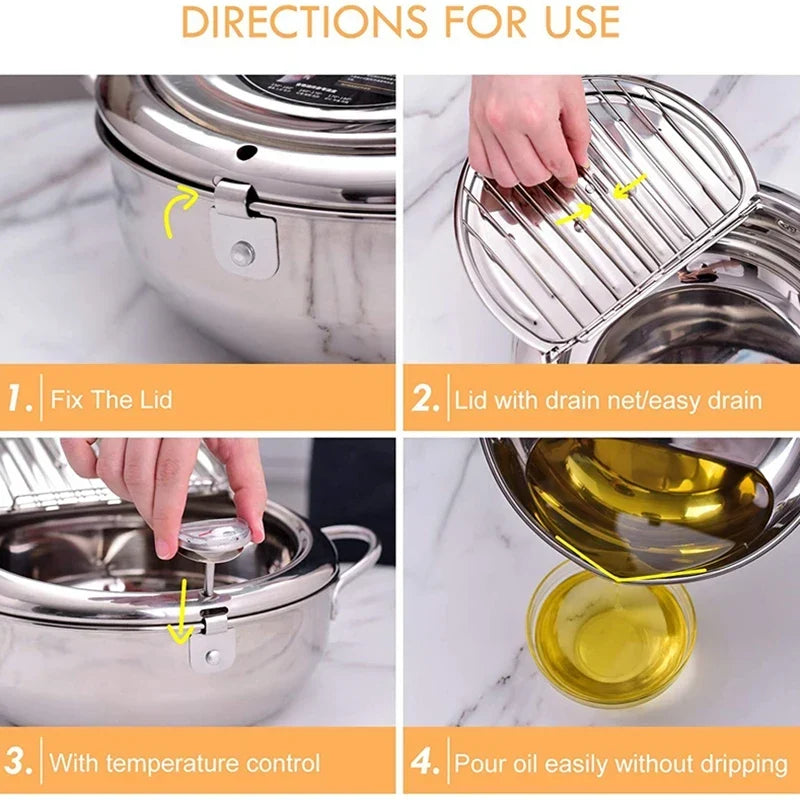 Japanese Deep Frying Pot with a Thermometer and a Lid 304 Stainless Steel Kitchen Tempura Fryer Pan 20/24cm Induction Heating Pa