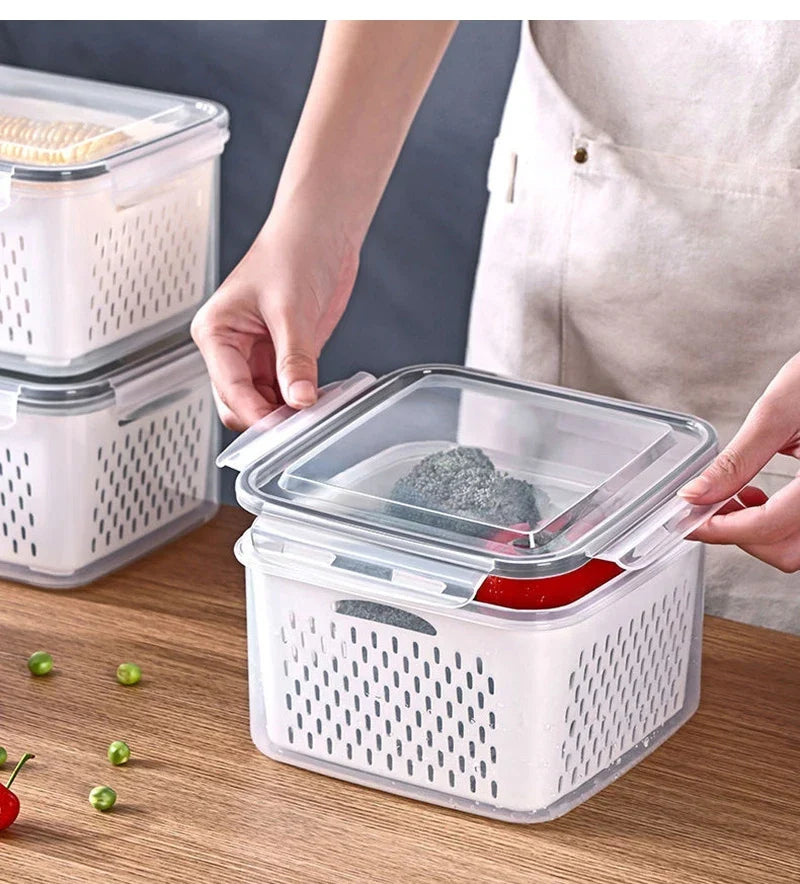 Multipurpose Refrigerator Storage Container with Drain Basket