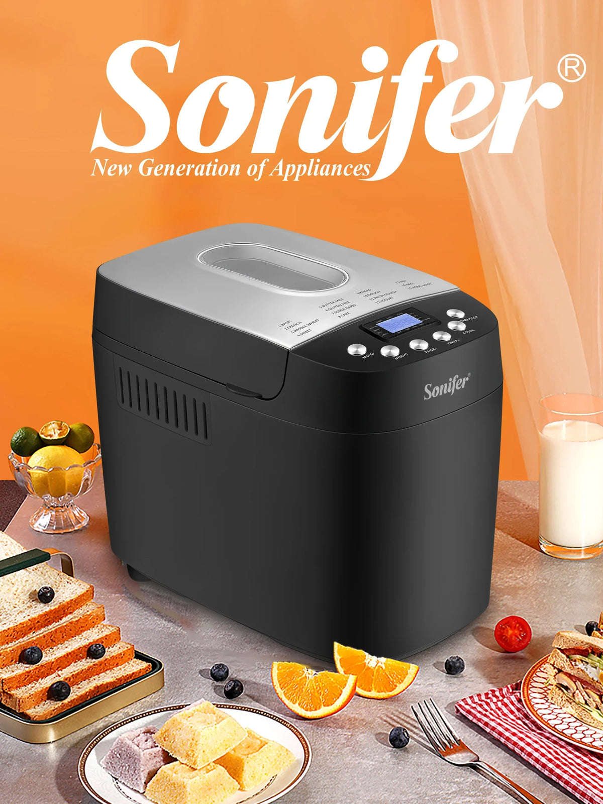 1.5kg Automatic Bread Machine 850w Programmable Bread Maker 15-hour Pre-set Timer Control Panel With Lcd Display Sonifer
