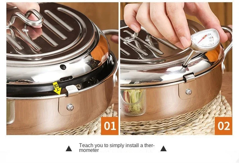 Japanese Deep Frying Pot with a Thermometer and a Lid 304 Stainless Steel Kitchen Tempura Fryer Pan 20/24cm Induction Heating Pa