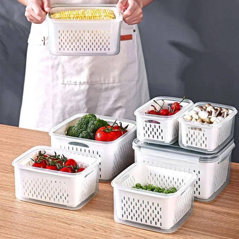 Multipurpose Refrigerator Storage Container with Drain Basket