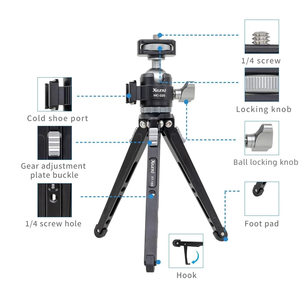 XILETU Vlogging Tripod Handheld Cold Shoe Head Camera & Phone Stand