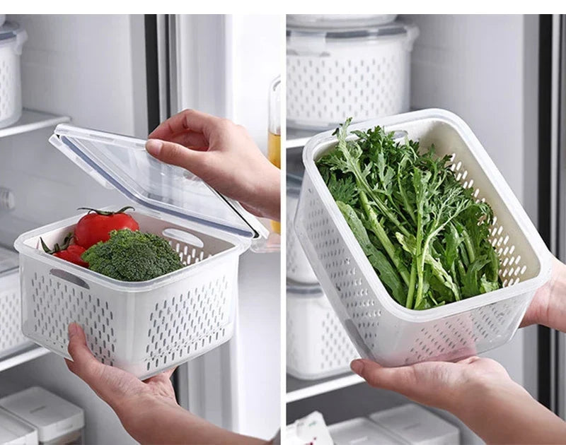 Multipurpose Refrigerator Storage Container with Drain Basket