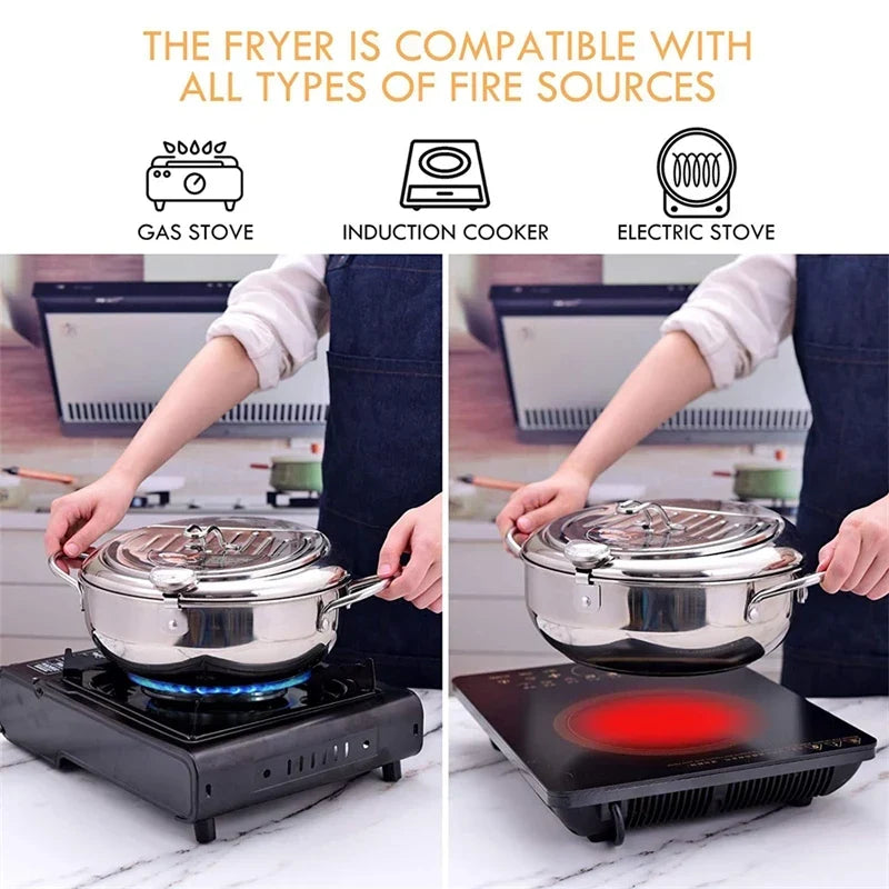 Japanese Deep Frying Pot with a Thermometer and a Lid 304 Stainless Steel Kitchen Tempura Fryer Pan 20/24cm Induction Heating Pa