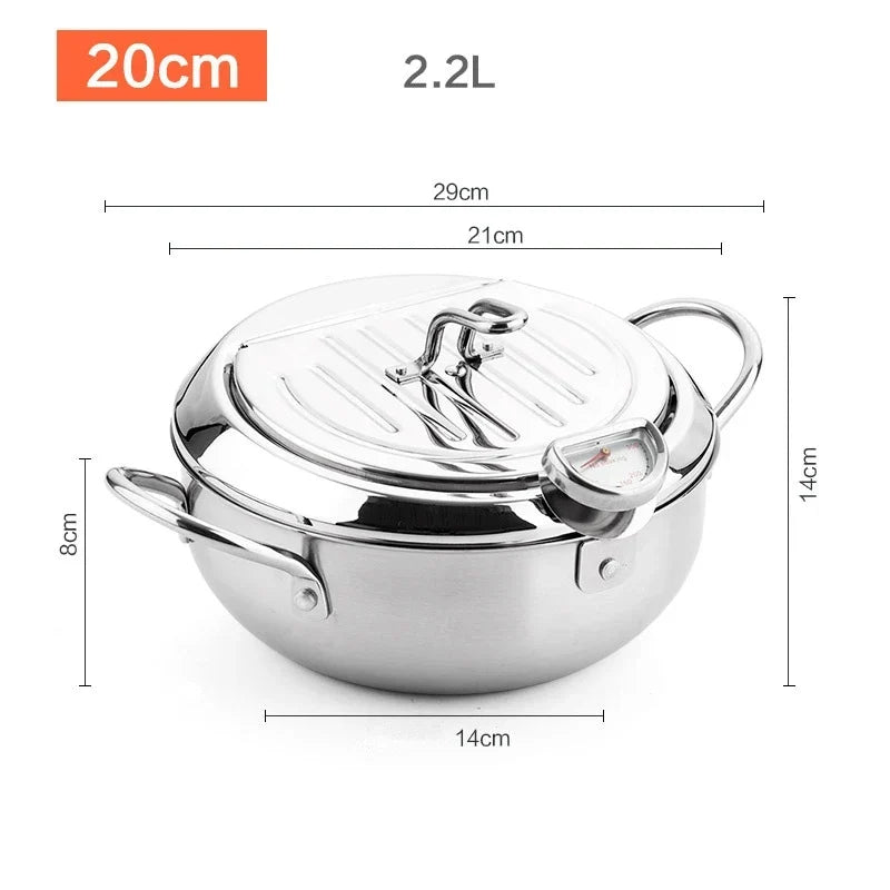 Japanese Deep Frying Pot with a Thermometer and a Lid 304 Stainless Steel Kitchen Tempura Fryer Pan 20/24cm Induction Heating Pa