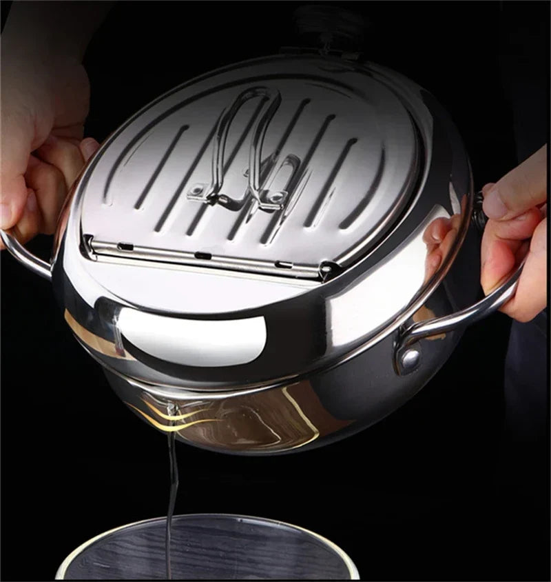 Japanese Deep Frying Pot with a Thermometer and a Lid 304 Stainless Steel Kitchen Tempura Fryer Pan 20/24cm Induction Heating Pa