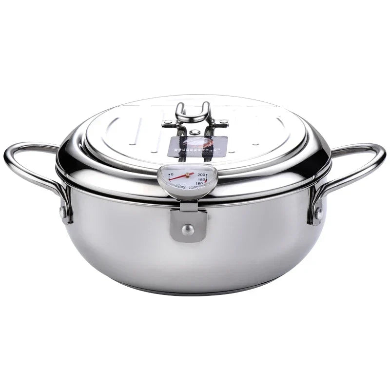 Japanese Deep Frying Pot with a Thermometer and a Lid 304 Stainless Steel Kitchen Tempura Fryer Pan 20/24cm Induction Heating Pa