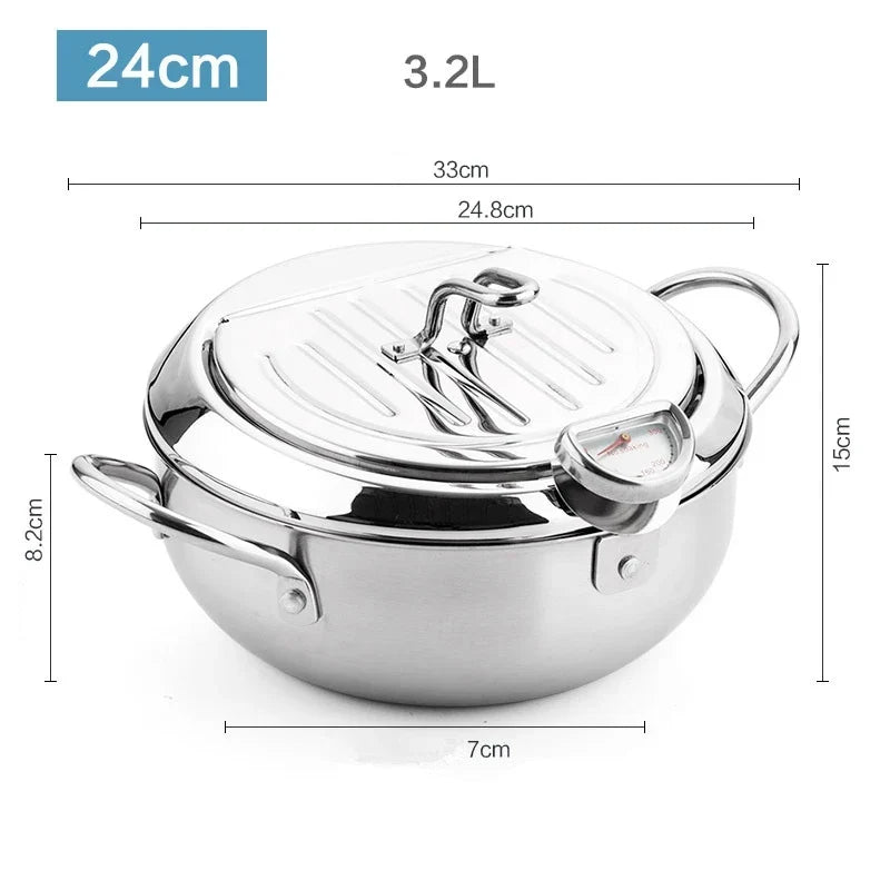 Japanese Deep Frying Pot with a Thermometer and a Lid 304 Stainless Steel Kitchen Tempura Fryer Pan 20/24cm Induction Heating Pa