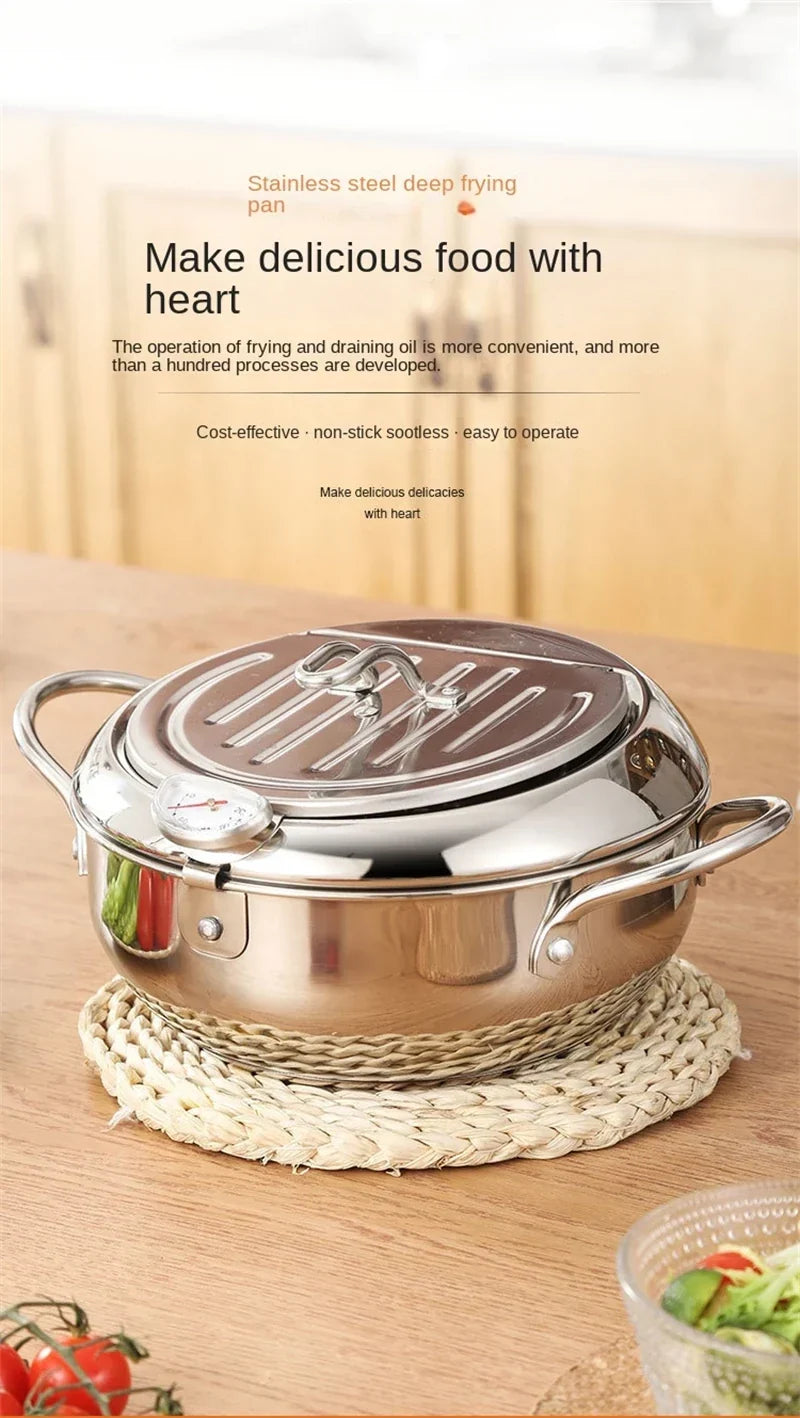 Japanese Deep Frying Pot with a Thermometer and a Lid 304 Stainless Steel Kitchen Tempura Fryer Pan 20/24cm Induction Heating Pa