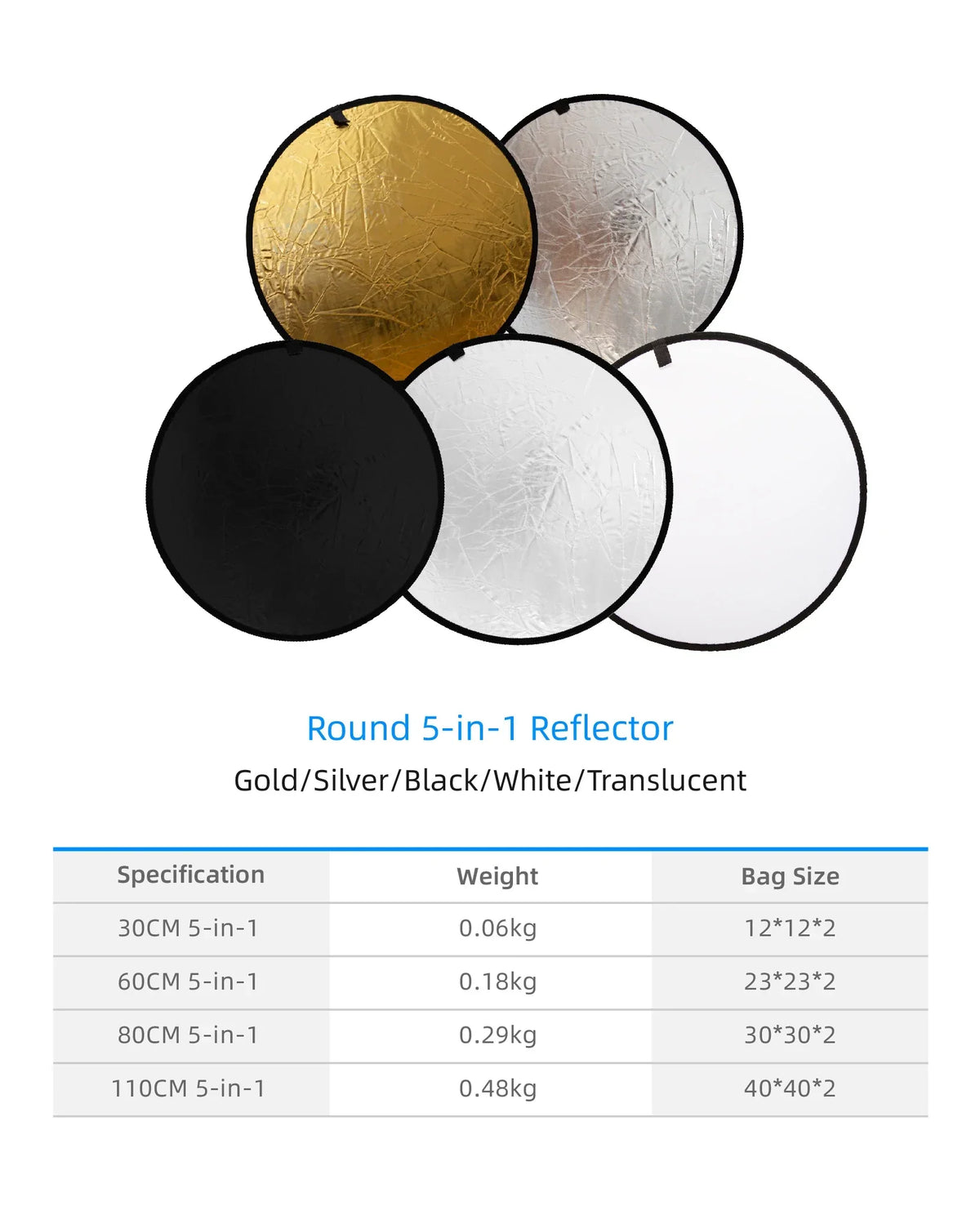 RF01 5-in-1 Collapsible Round Photography Reflector