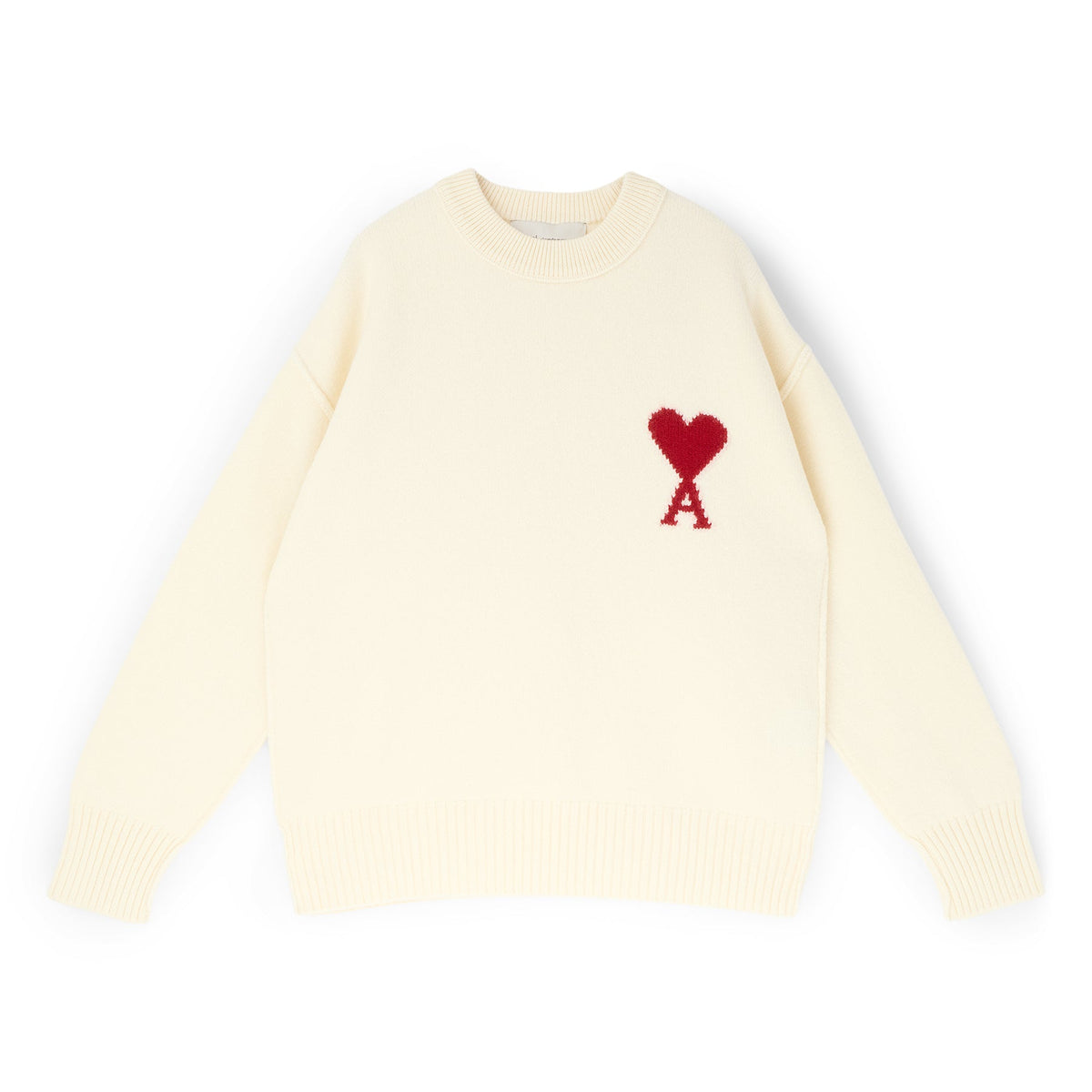 AMI Paris Crewneck Sweater With Contrasted AMI De Couer (Ecru/Rouge)