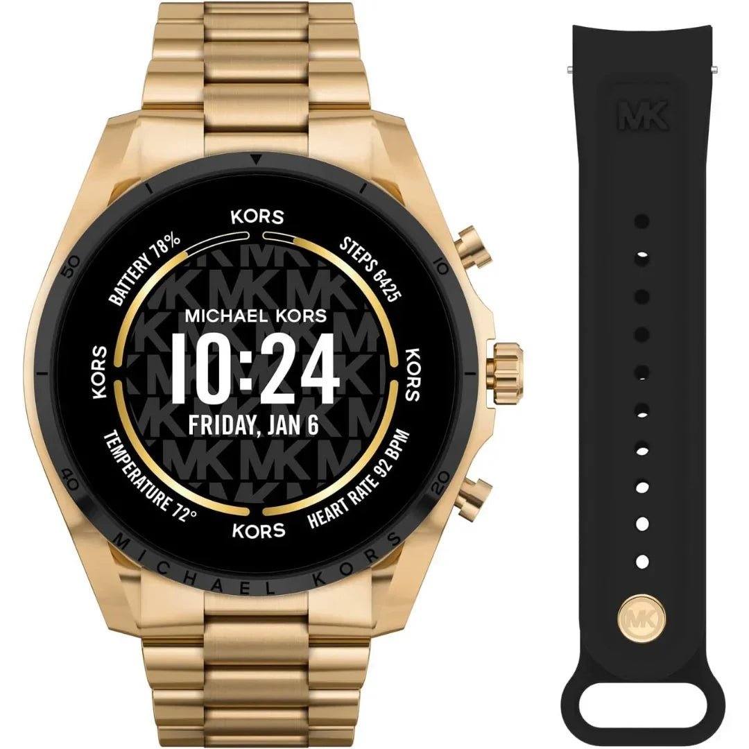 Michael Kors Gen 6 Bradshaw – 44mm Gold-Tone Stainless Steel with Black Silicone Second Band – MKT5138V