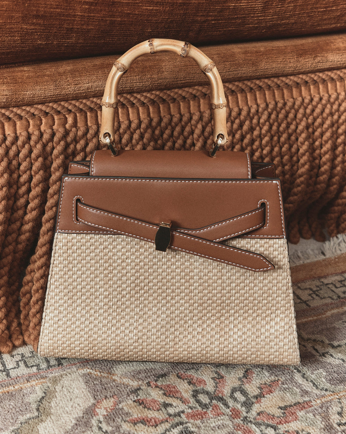 Veronica Beard Raffia Dash Top-Handle Bag