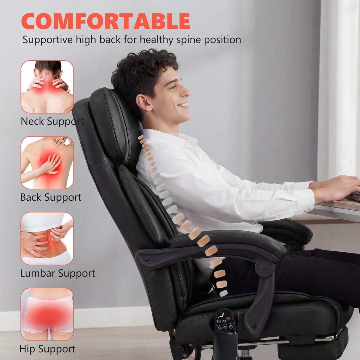 High Back Vibration Massage Office Chair with Heat, Reclining Back & Footrest