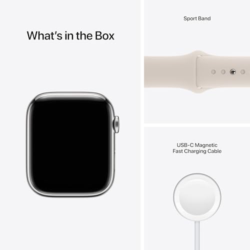 Apple Watch Series 7 (GPS + Cellular, 45MM) Silver Stainless Steel Case with Starlight Sport Band - MKJD3LL/A