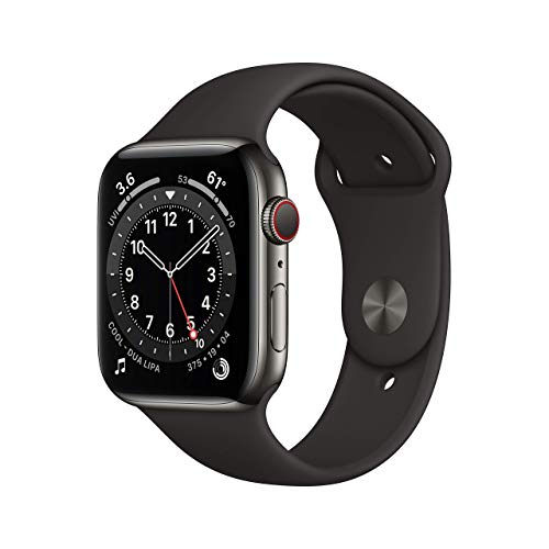 Apple Watch Series 6 (GPS + Cellular, 44mm) - Graphite Stainless Steel Case with Black Sport Band - M07Q3LL/A