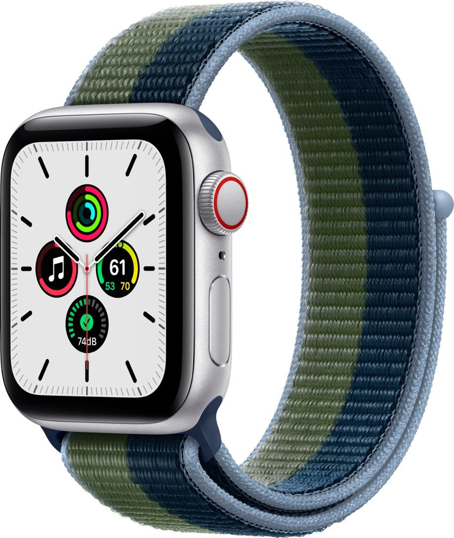 Apple Watch SE (GPS + Cellular) 40mm Silver Aluminum W/ Abyss Blue/Moss Green - MKQM3LL/A